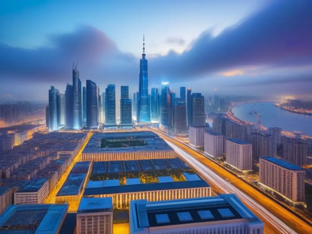 Horizonte urbano vibrante al anochecer: inversión inmobiliaria global Un vibrante skyline urbano al anochecer, con rascacielos futuristas iluminados