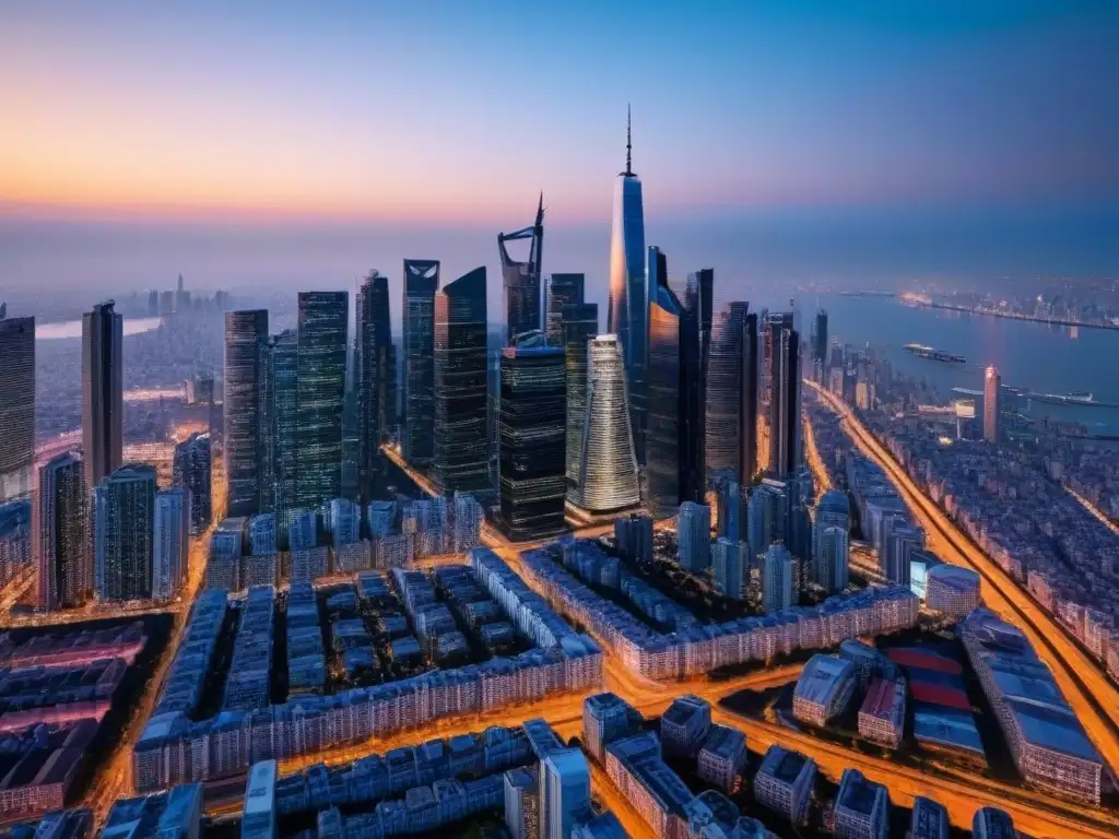 Horizonte urbano global: modernos rascacielos iluminados en 8K Vibrante skyline urbano al anochecer, reflejo de estrategias inmobiliarias globales inversión