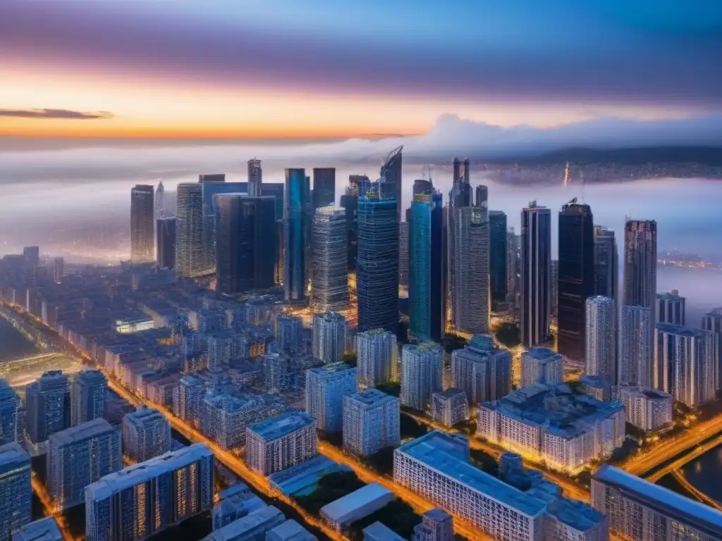Horizonte urbano al atardecer: inversión inmobiliaria global Vibrante skyline urbano al anochecer, reflejo del auge en la inversión inmobiliaria internacional