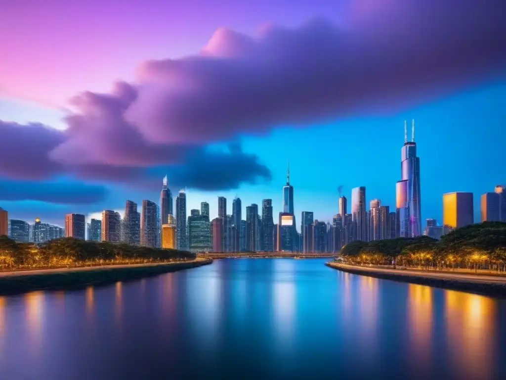 Horizonte urbano vibrante: luces de neón en 8k Vibrante skyline urbano al anochecer, reflejos en el río, predicción mercado inmobiliario Norteamericano