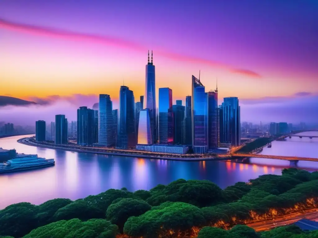 Horizonte urbano al atardecer: luces vibrantes y cielo dramático Vibrante skyline urbano al anochecer, reflejos en río, cielo dramático