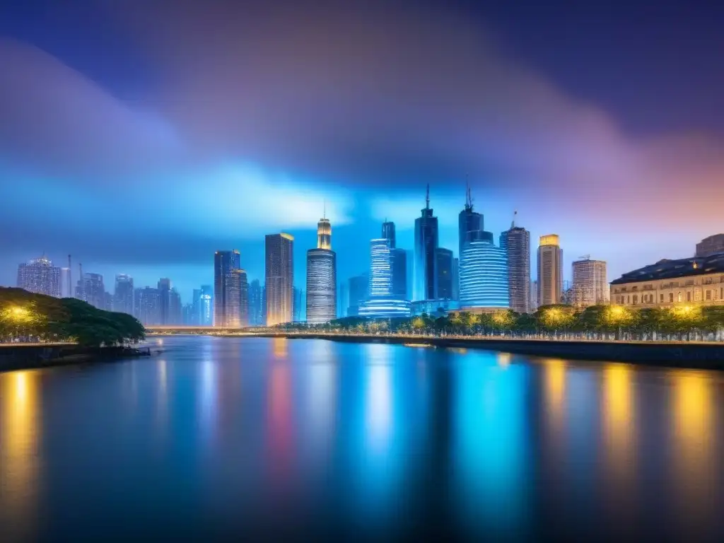 Horizonte urbano moderno al atardecer: luces vibrantes reflejadas en el río Vibrante skyline urbano al anochecer, reflejos en río, oportunidades inmobiliarias mercados secundarios