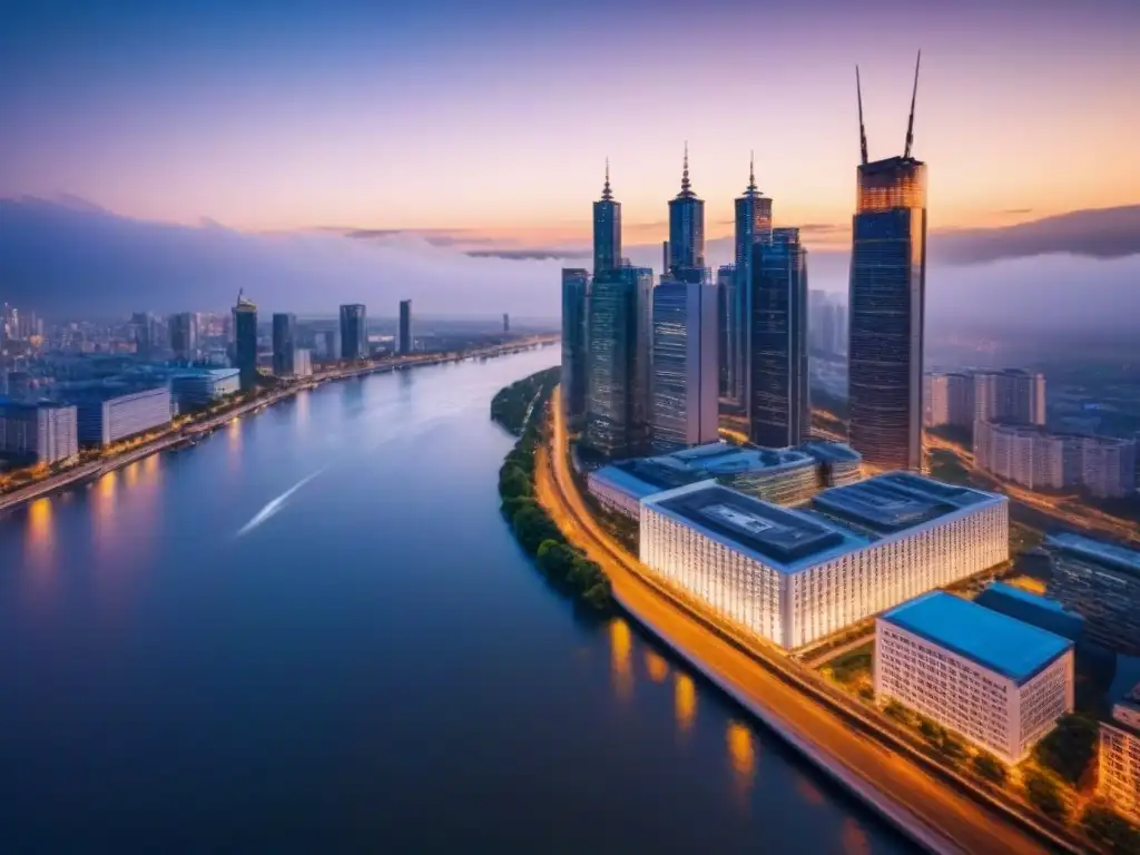 Vibrante ciudad al anochecer: oportunidades inmobiliarias para millennials Vibrante skyline urbano al anochecer, reflejando en río, representa Inversión inmobiliaria internacional para Millennials