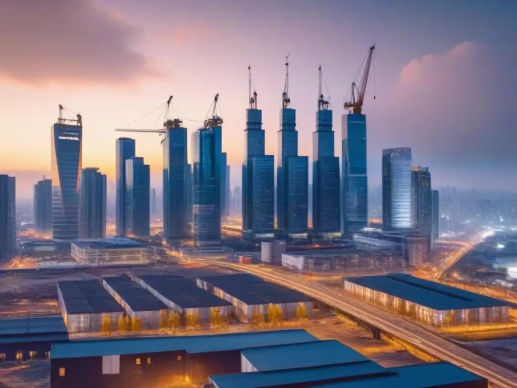 Horizonte urbano en crecimiento: impacto económico y transformación Vibrante skyline urbano al anochecer con grúas y trabajadores en movimiento