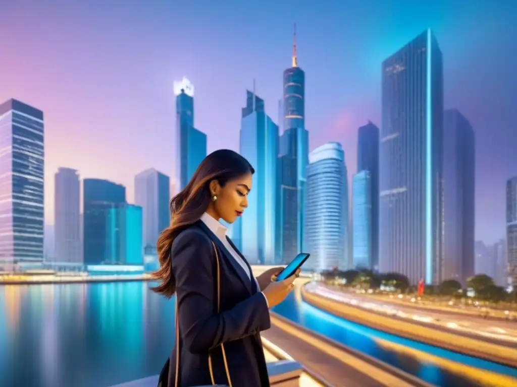 Metrópolis nocturna: conectividad y tecnología en el mercado inmobiliario Un vibrante y sofisticado paisaje urbano al anochecer con rascacielos iluminados y personas utilizando redes sociales