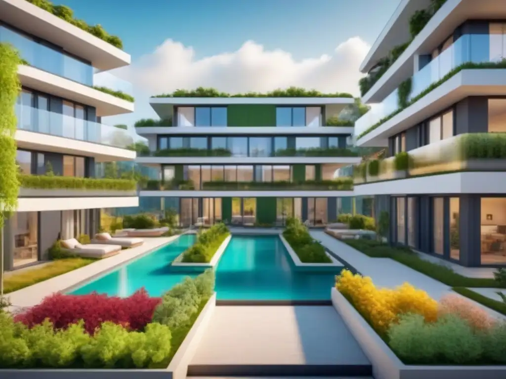 Cohousing sostenible del futuro: arquitectura moderna y ecoamigable Vibrante cohousing sostenible internacional con diseño moderno y espacios verdes, residentes ecoamigables en armonía