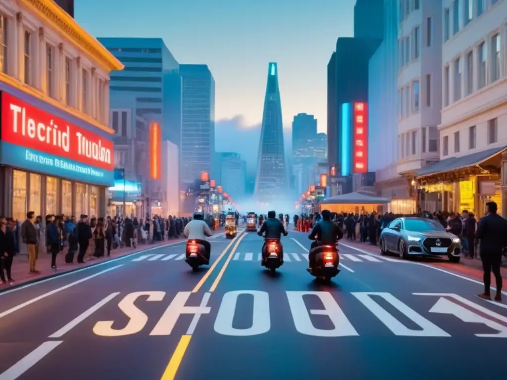 Escena urbana tecnológica en San Francisco al atardecer Vibrante transformación tecnológica en San Francisco: icónica vista nocturna de la ciudad con luces de neón y tecnología urbana innovadora