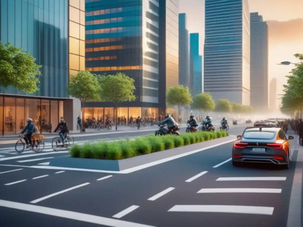 Intersección urbana sostenible: arquitectura verde y movilidad eco Vibrante intersección urbana con arquitectura sostenible y espacios verdes, promoviendo la construcción verde y estrategias de inversión
