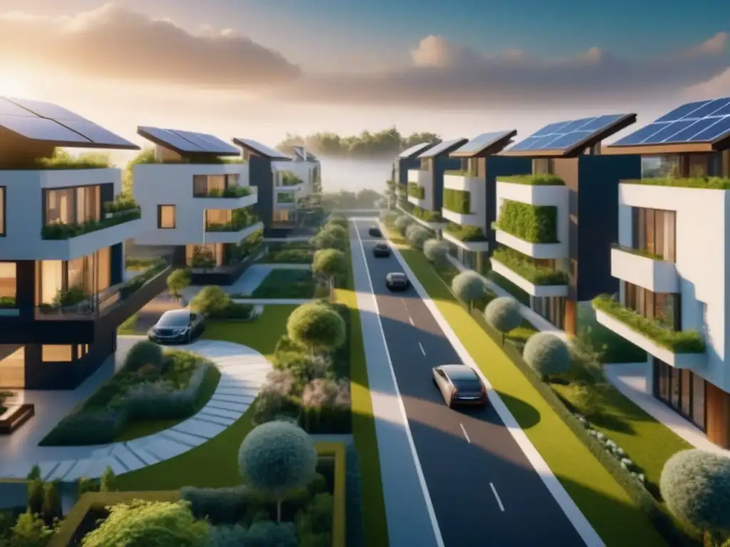 Vecindario futurista: hogares inteligentes y sostenibles en 8k Vibrante vecindario futurista con casas inteligentes y diseño innovador, reflejando las tendencias hipotecas residenciales 2023