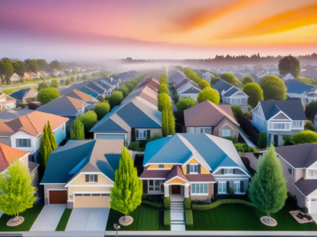 Vecindario suburbano al atardecer: arquitectura moderna y vida familiar Vibrante vecindario suburbano al atardecer, reflejo de la tendencia en el mercado inmobiliario