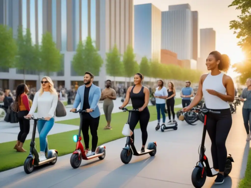 Atardecer en vecindario moderno: comunidad activa y diversa Un vibrante vecindario urbano con Millennials en actividades comunitarias y discutiendo planes de inversión inmobiliaria consciente