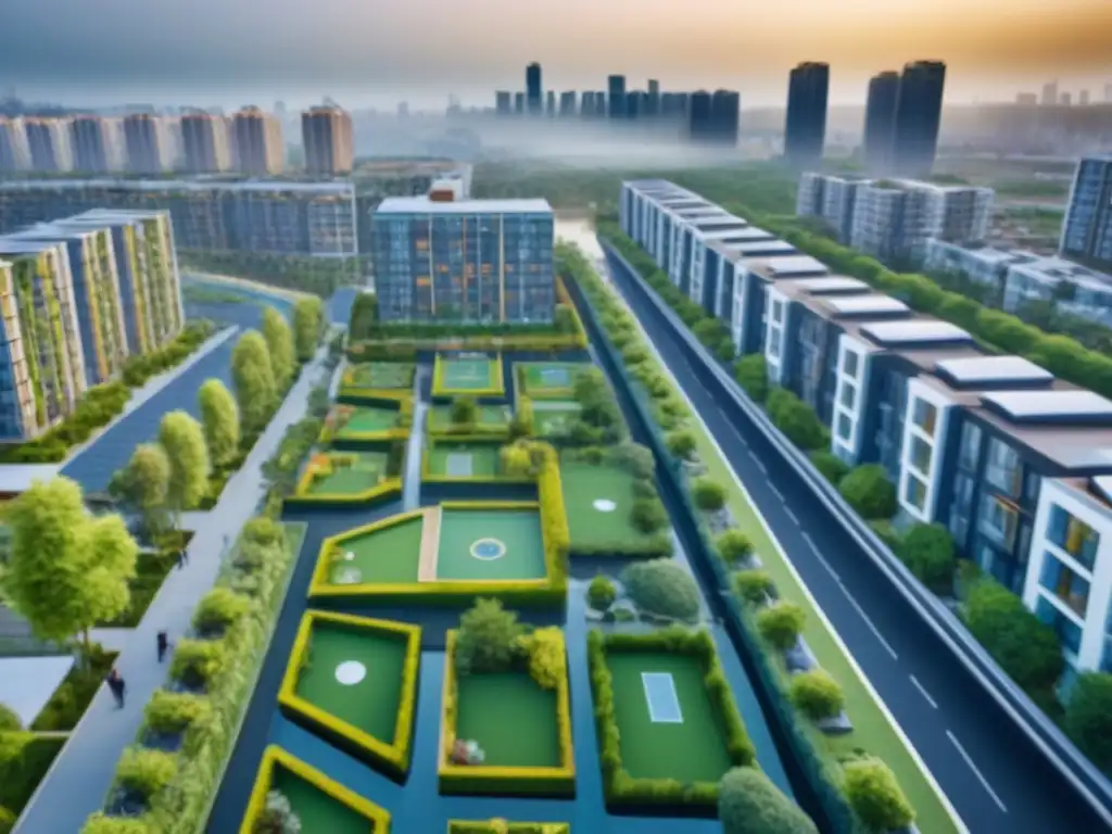 Vecindario urbano moderno y vibrante: arquitectura, naturaleza y comunidad Un vibrante vecindario urbano con desarrollo inmobiliario, vida social global y espacios verdes interconectados