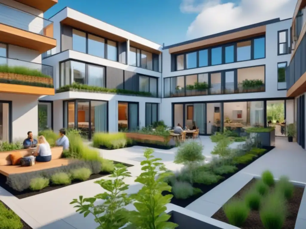 Complejo de cohousing futurista: comunidad, sostenibilidad e innovación Vibrante vida comunitaria en complejo futurista de cohousing