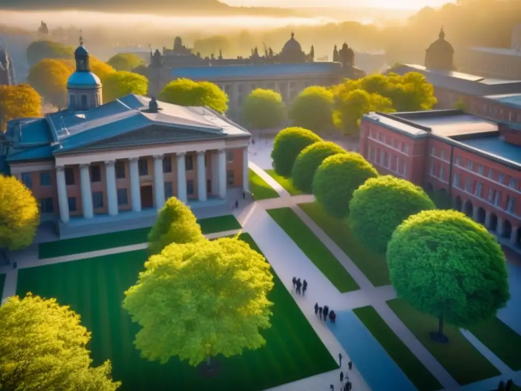 Vida universitaria en campus vibrante y dinámico Vibrante vida universitaria con mezcla de edificios históricos y modernos