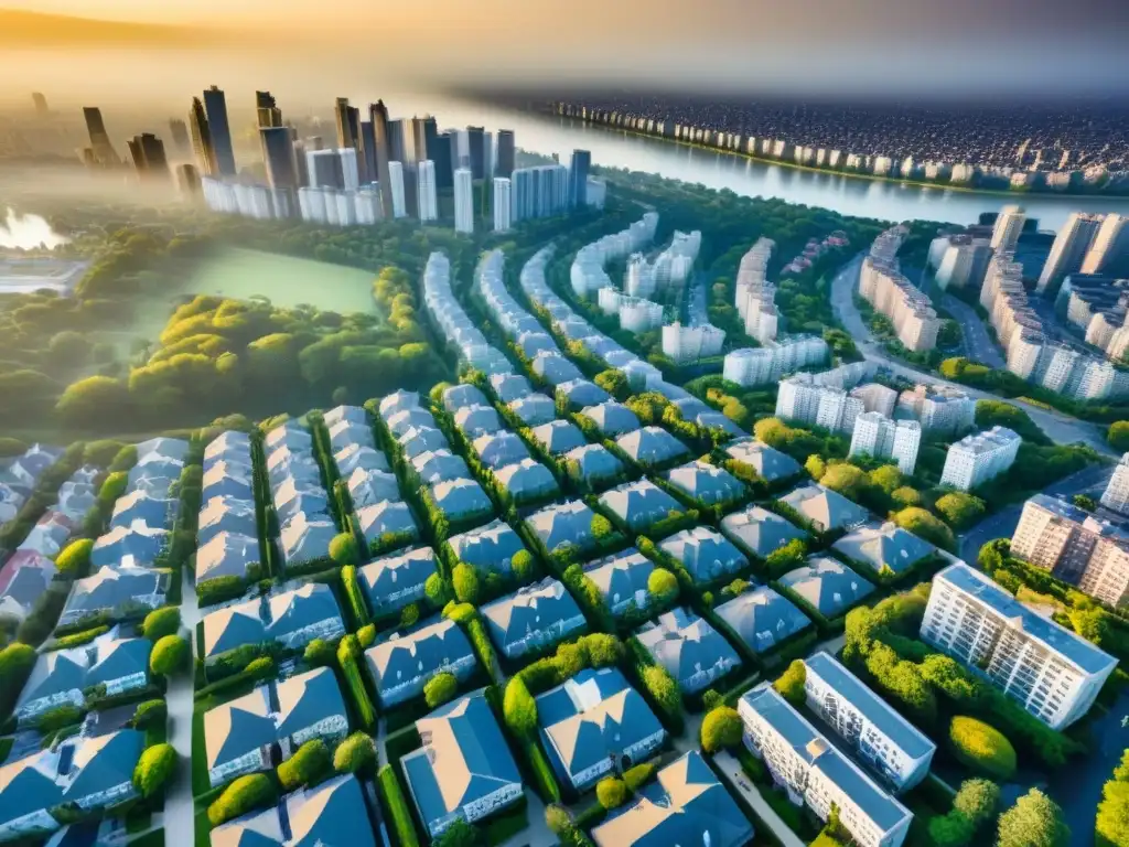Vista aérea detallada de ciudad vibrante con rascacielos y viviendas Una vibrante vista aérea de una ciudad bulliciosa con rascacielos y casas suburbanas, parques verdes y río