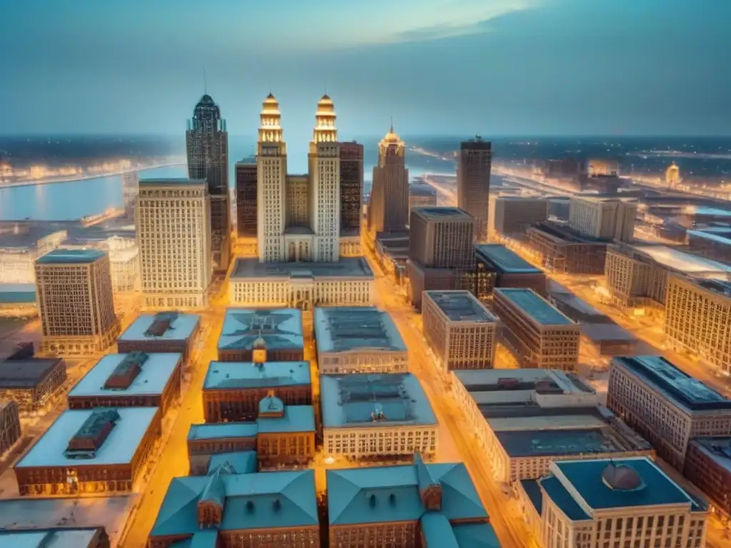 Transformación urbana: Detroit entre lo antiguo y lo moderno Vibrante vista aérea de Detroit: históricos edificios junto a modernos rascacielos, reflejo de la revitalización por la inversión inmobiliaria