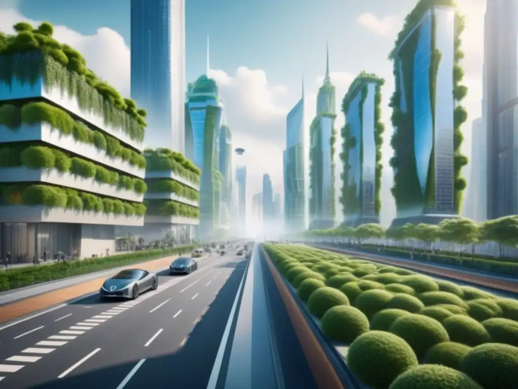 Metrópolis futurista: arquitectura verde y sostenible Vibrante vista de ciudad futurista con edificios verdes y tecnología eco