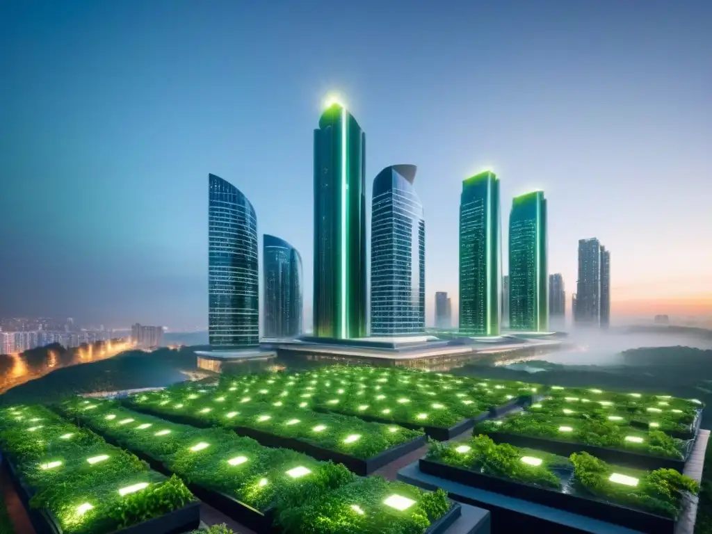Metrópolis futurista ecoamigable con incentivos fiscales verdes Vibrantes edificios ecoamigables iluminados por luces verdes en una ciudad futurista al atardecer, simbolizando innovación y 'Incentivos fiscales para propiedades verdes'