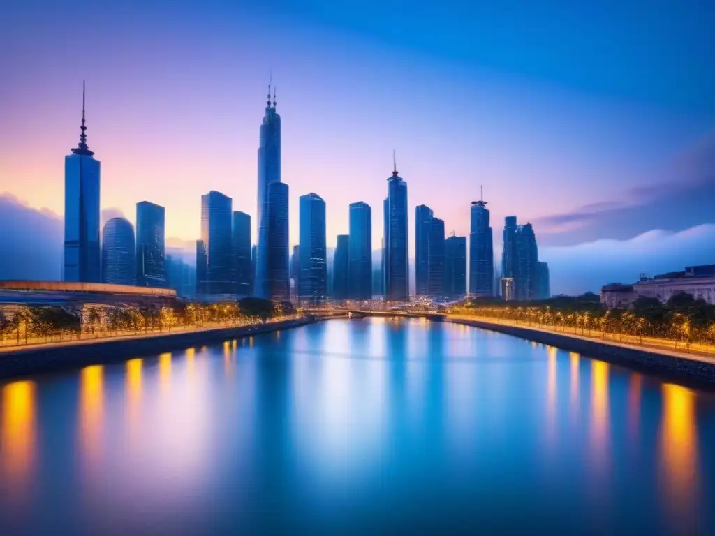 Skyline futurista: rascacielos LED en el crepúsculo Vibrantes luces LED iluminan rascacielos modernos en una ciudad futurista al anochecer, reflejándose en un río