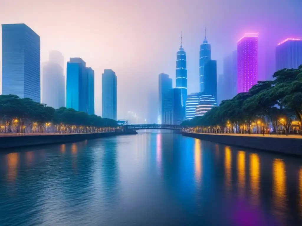 Metrópolis vibrante: luces nocturnas en río sereno Vibrantes luces de neón iluminan la bulliciosa ciudad nocturna, reflejándose en el río