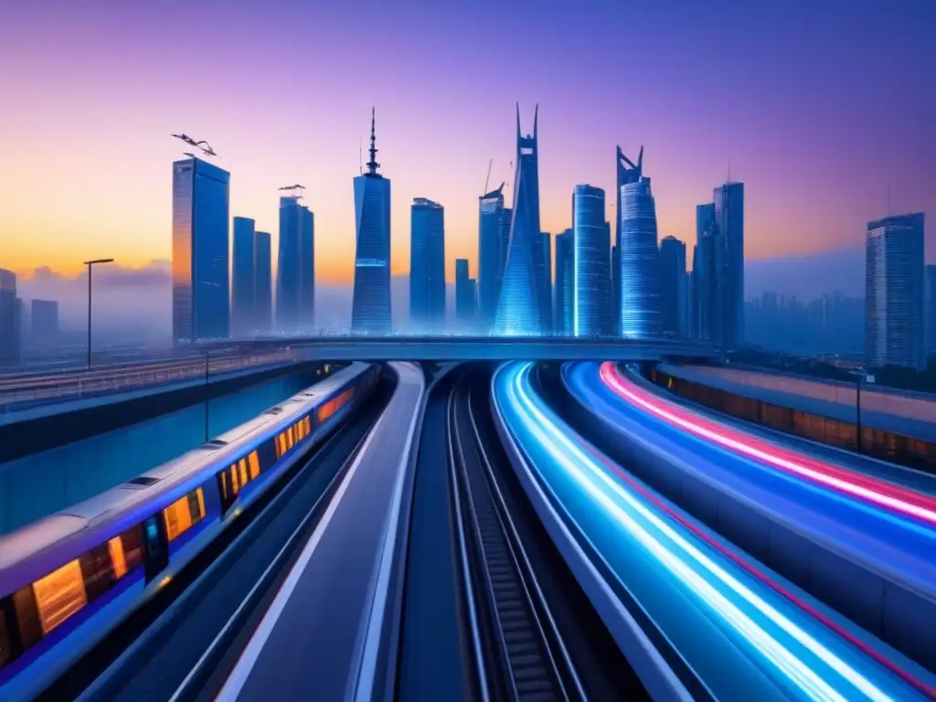 Inversiones REIT: Futurismo urbano y tecnología de vanguardia Vibrantes luces neón iluminan la metrópolis futurista al anochecer, reflejando la tecnología de los Inversionistas globales en REITs internacionales