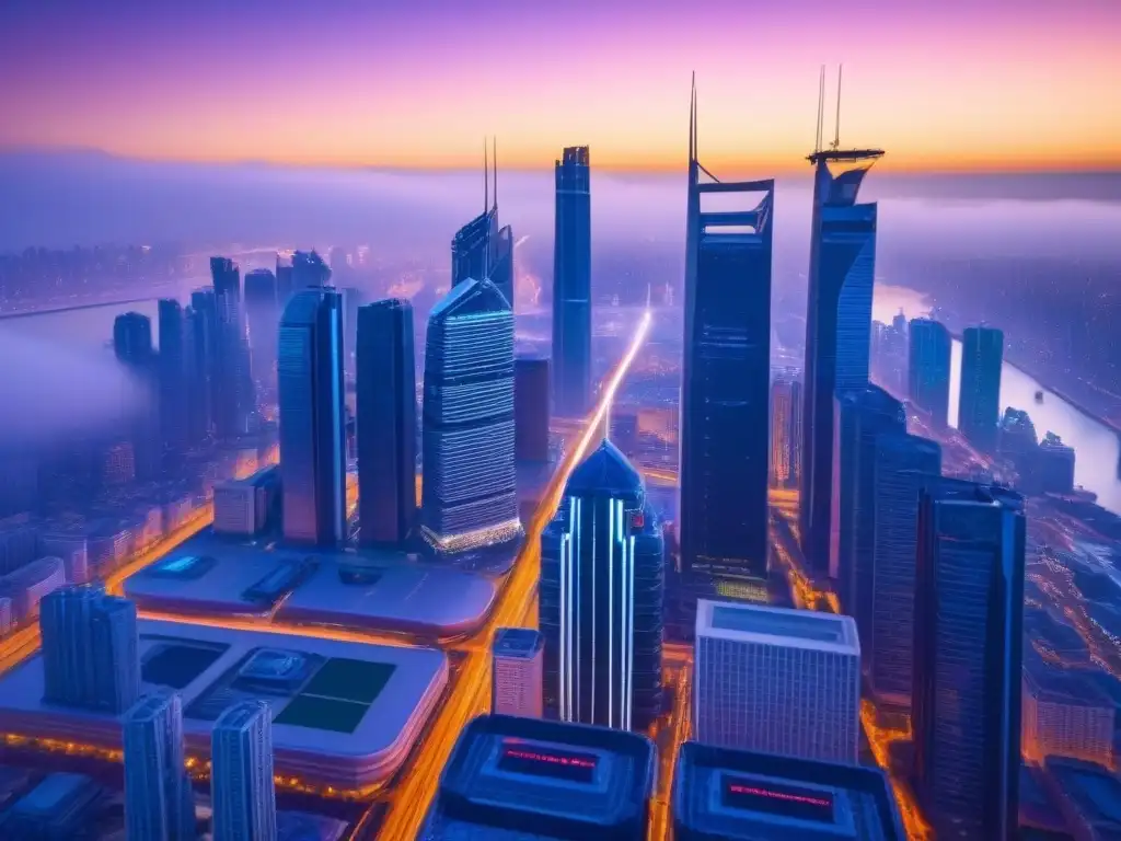 Horizonte futurista: luces neón en la ciudad al anochecer Vibrantes rascacielos futuristas iluminados con luces de neón en una ciudad al atardecer, reflejando cambios regulatorios M&A internacionales futuros