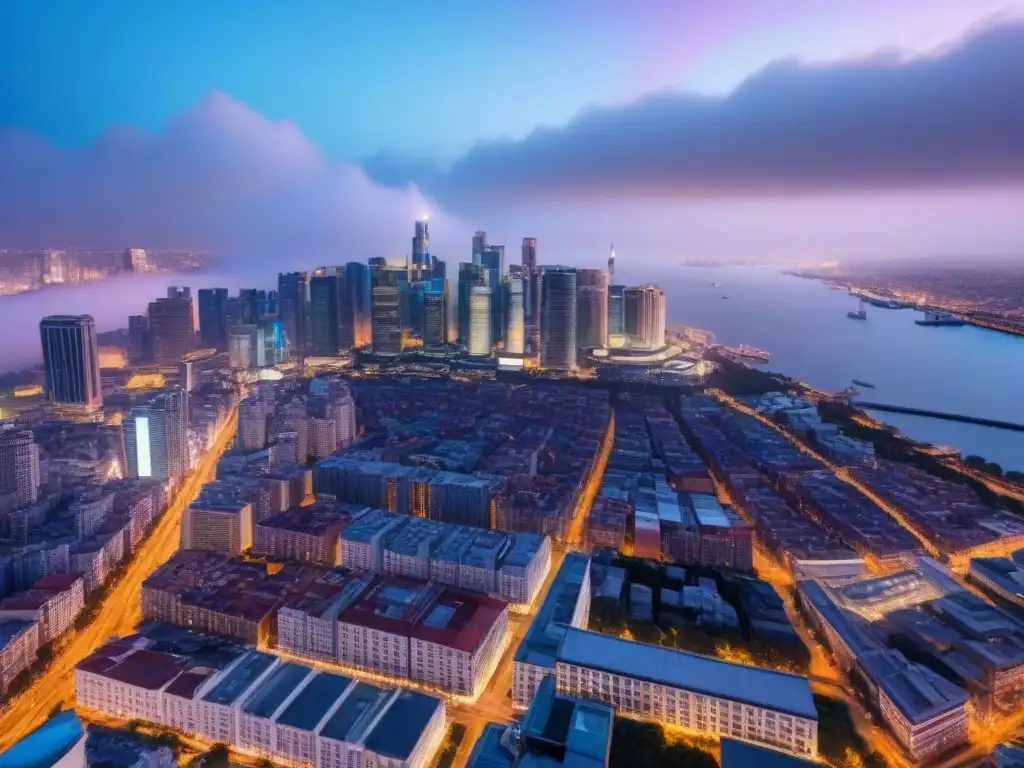 Espléndida vista aérea de la ciudad al anochecer, luces y rascacielos modernos destacando inversiones inmobiliarias prósperas Vibrantes rascacielos iluminados en una ciudad al anochecer, simbolizando estrategias de salida inversiones inmobiliarias