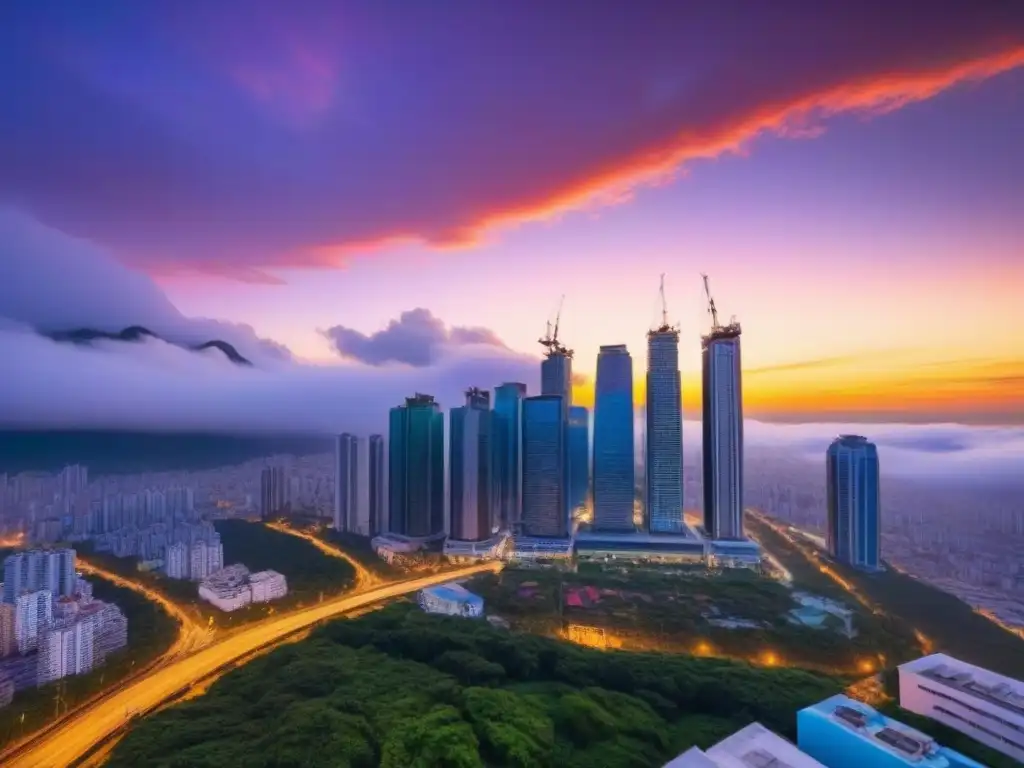 Espectacular ciudad en crecimiento: oportunidades de inversión Vibrantes rascacielos iluminados al anochecer en una ciudad moderna, reflejando oportunidades de inversión en inmuebles en países en desarrollo