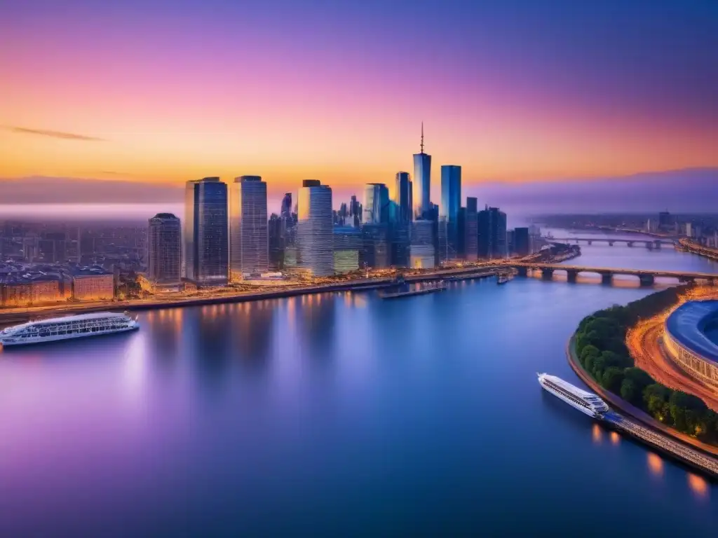 Horizonte urbano moderno al atardecer: luces vibrantes en rascacielos Vibrantes rascacielos iluminados en la ciudad al atardecer sobre un río, ideal para inversiones inmobiliarias en mercados locales