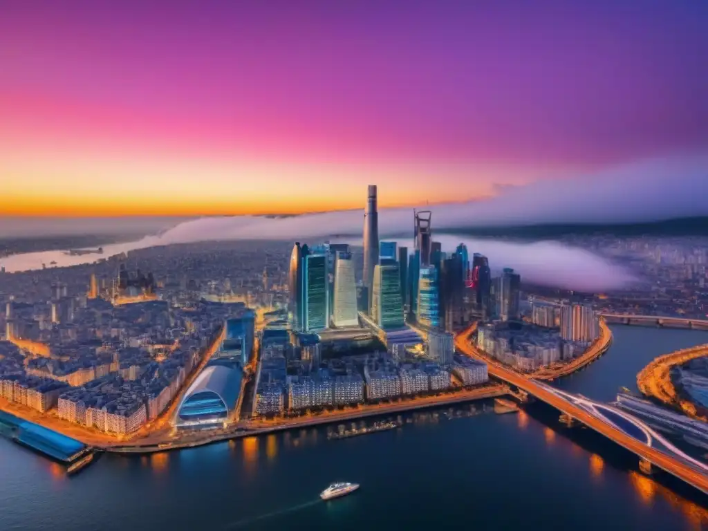 Horizonte urbano futurista al anochecer Vibrantes rascacielos iluminados en una ciudad moderna al anochecer, reflejando el potencial de Inversiones inmobiliarias en mercados emergentes