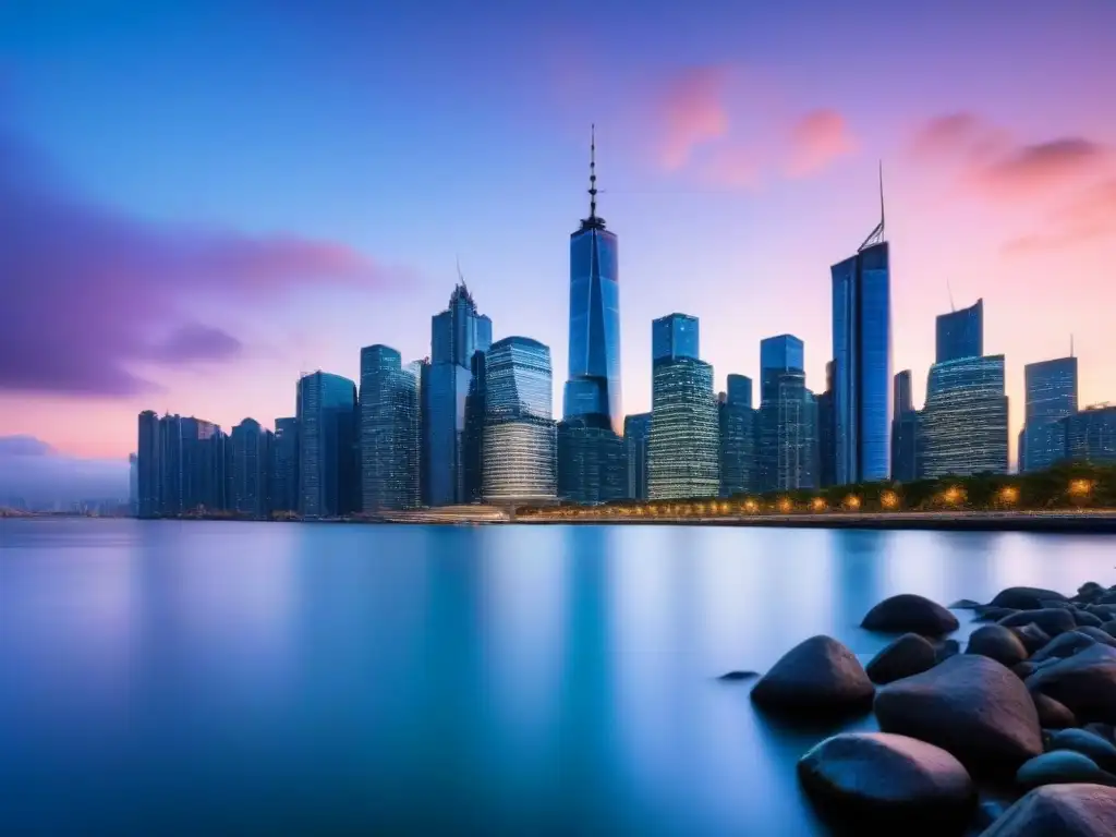 Horizonte urbano al anochecer: símbolo de crecimiento y oportunidades en mercados inmobiliarios emergentes Vibrantes rascacielos iluminados en una ciudad al atardecer, reflejándose en un río calmado