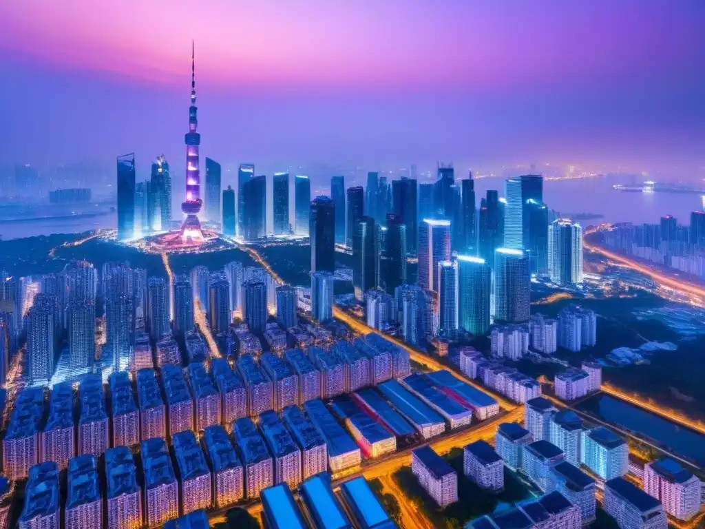 Horizonte futurista: rascacielos iluminados en ciudad asiática Vibrantes rascacielos iluminados en una ciudad asiática, simbolizando la innovación y oportunidades de Inversión inmobiliaria en Asia