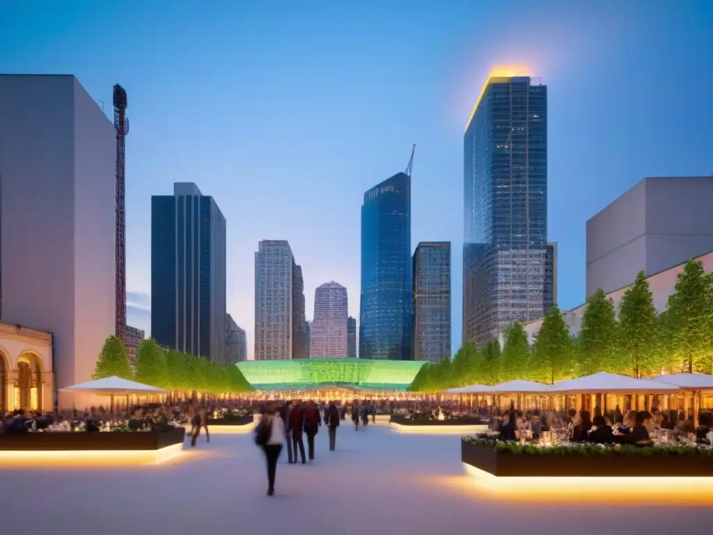 Vibrante ciudad al atardecer: luces, diversidad y conexión comunitaria Vida urbana vibrante: Desarrollos inmobiliarios vida social global en una ciudad moderna iluminada y animada al atardecer