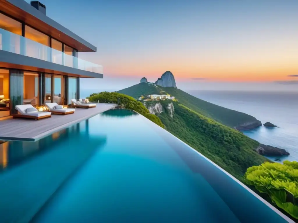 Villa de lujo con piscina infinita frente al mar Villa de alquiler vacacional en acantilado con piscina infinita y vista al mar turquesa al atardecer