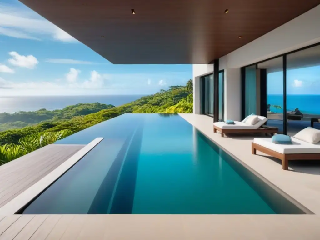 Villa de lujo con piscina infinita frente al mar, rodeada de vegetación exuberante bajo un cielo azul claro Villa de alquiler vacacional de lujo con piscina infinita y vistas al mar, rodeada de exuberante vegetación tropical bajo un cielo azul claro