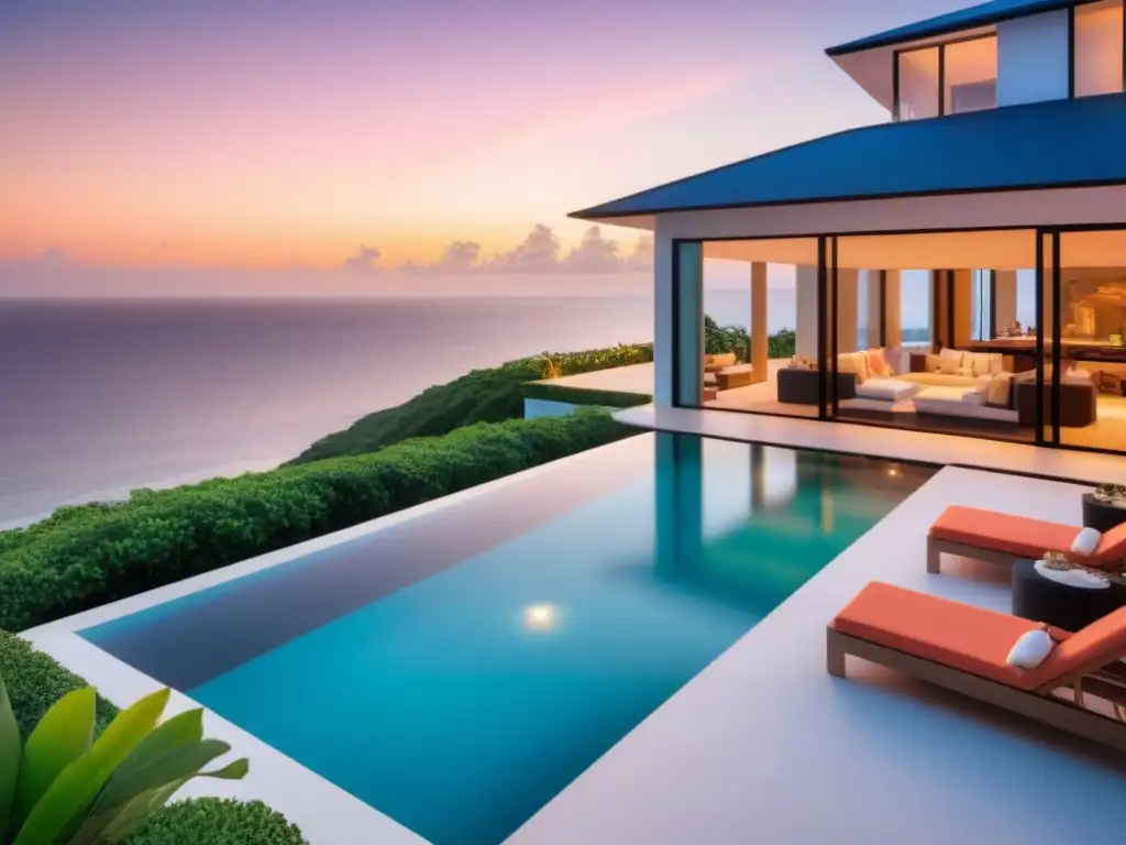 Villa de lujo frente al mar al atardecer: elegancia y opulencia Villa costera de lujo al atardecer con diseño moderno, piscina infinita y terraza elegante, rodeada de exuberante vegetación tropical