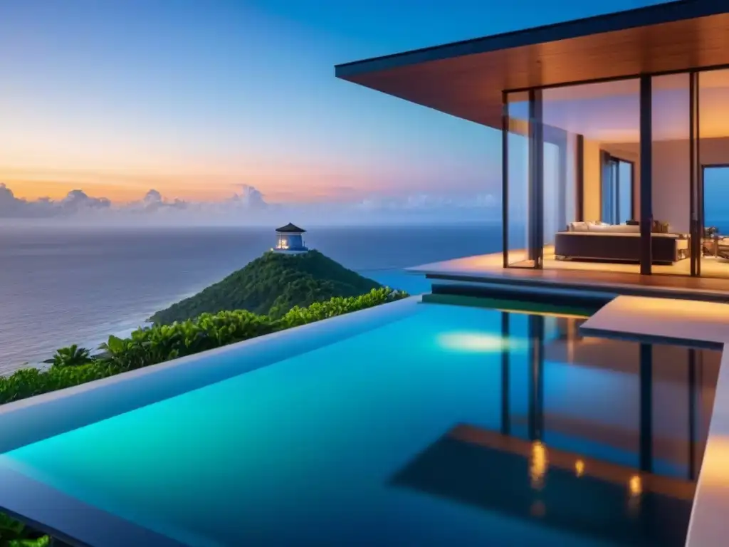 Villa de lujo en acantilado con piscina infinita privada Villa costera moderna de lujo con impacto económico en un acantilado, piscina infinita y vistas al mar al atardecer