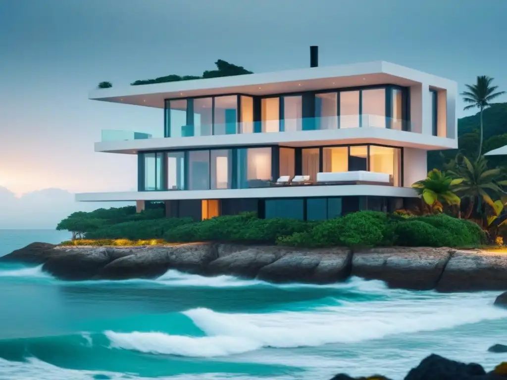 Villa costera: impacto financiero del cambio climático Villa costera moderna en peligro por el impacto del cambio climático en las inversiones