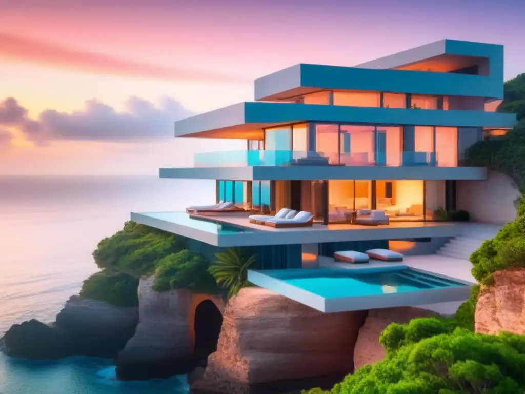 Villa futurista en acantilado: lujo y sostenibilidad frente al mar Una villa futurista en un acantilado con vista al mar, reflejando lujo y sostenibilidad, ideal para inversión en tiempos de cambio climático