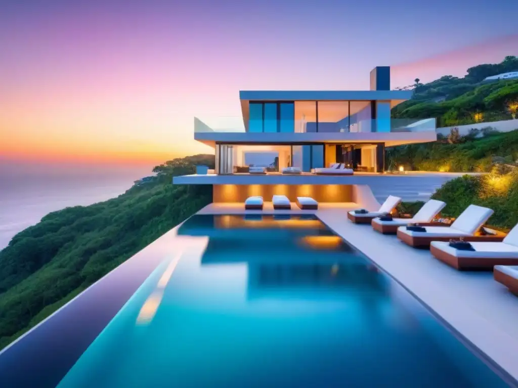 Villa de lujo con piscina infinita privada en acantilado Villa de lujo en acantilado con piscina infinita privada, reflejando el atardecer sobre el mar