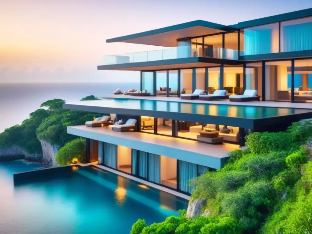 Villa de lujo con piscina infinita en acantilado Villa de lujo en acantilado con piscina infinita y vistas al mar al atardecer, tendencias globales villas vacacionales costa