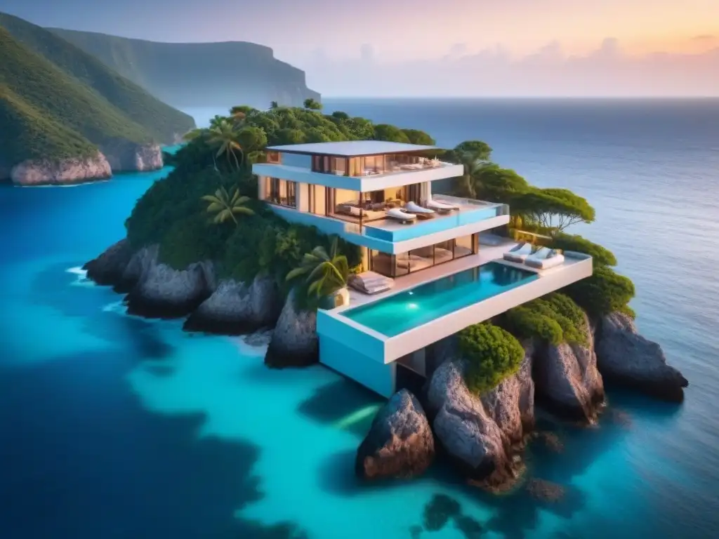 Villa de lujo en acantilado con piscina infinita y helipuerto Villa de lujo en acantilado con piscina infinita y vistas al mar turquesa al atardecer