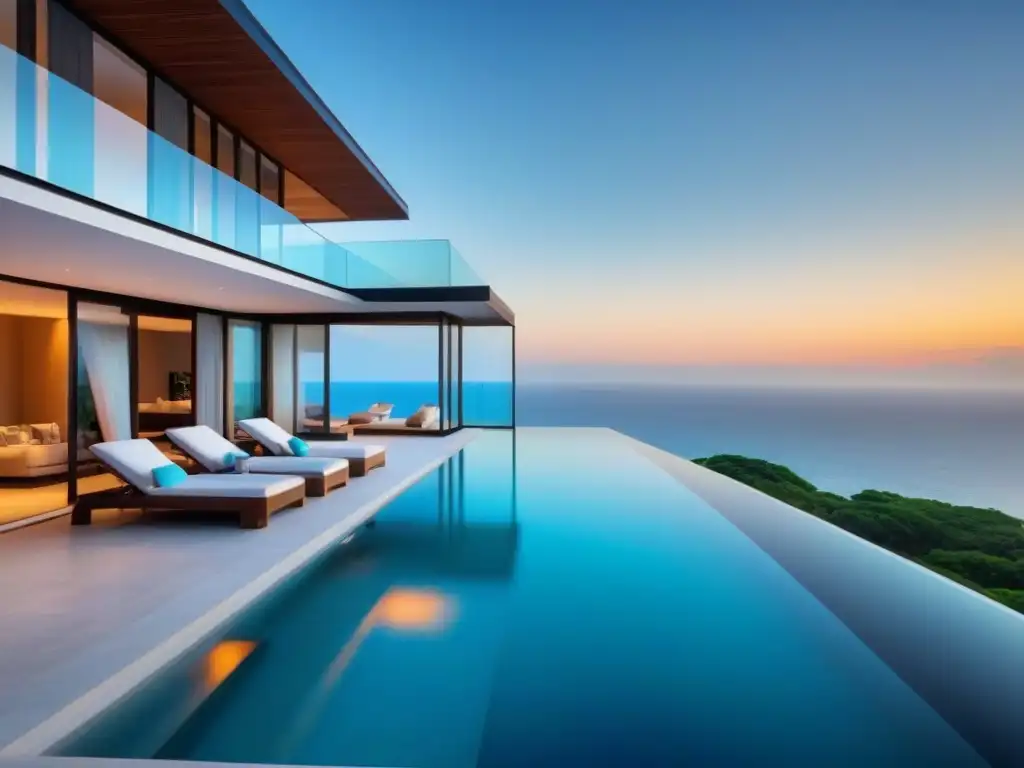 Villa de lujo frente al mar: diseño moderno y vistas espectaculares Villa de lujo en acantilado con piscina infinity y vistas al mar turquesa al atardecer, tendencias diseño villas vacacionales lujo
