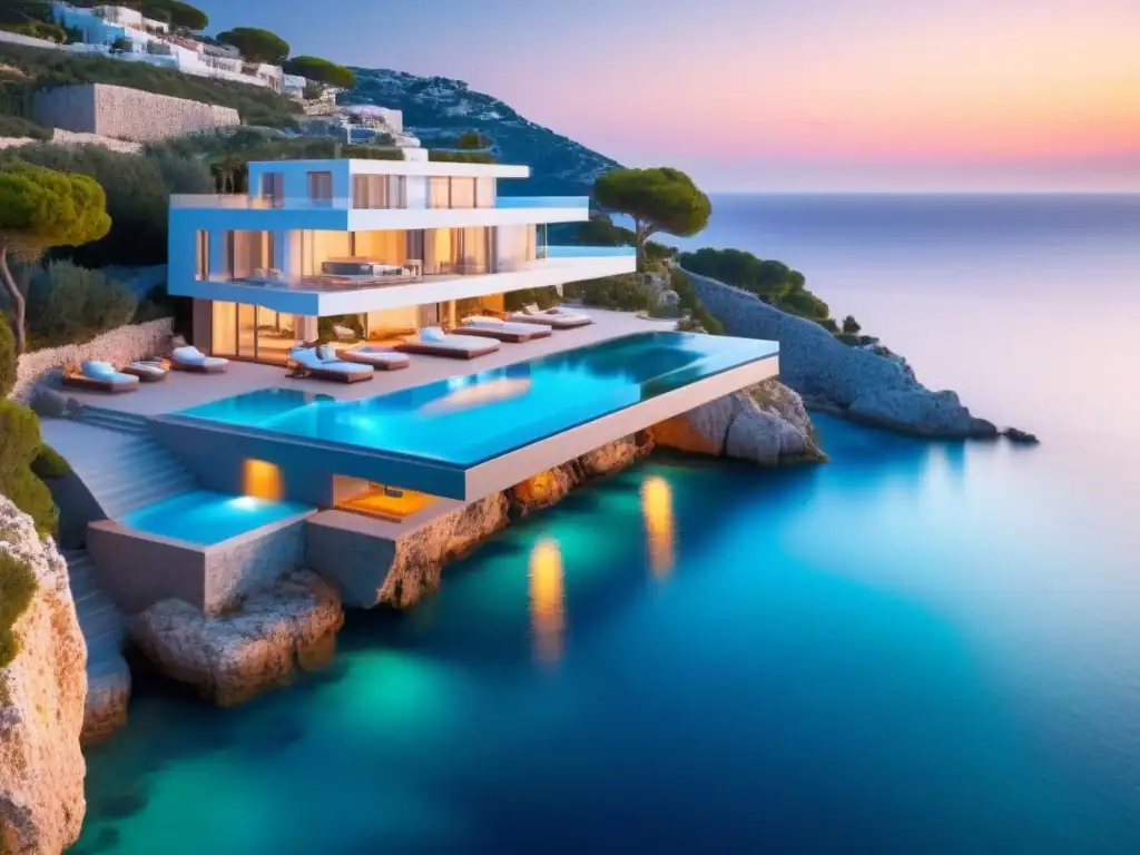 Villa de lujo en acantilado: financiamiento innovador para desarrolladores Villa de lujo en acantilado con piscina infinita, reflejando el atardecer sobre el Mediterráneo