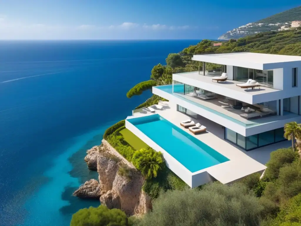 Villa de lujo con vistas al mar: diseño moderno y piscina infinita Villa de lujo en acantilado con piscina infinita y jardín en Mediterráneo