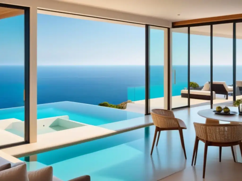Villa de lujo con piscina infinita en el Mediterráneo Villa de lujo en acantilado con piscina infinita y vistas al mar Mediterráneo al atardecer