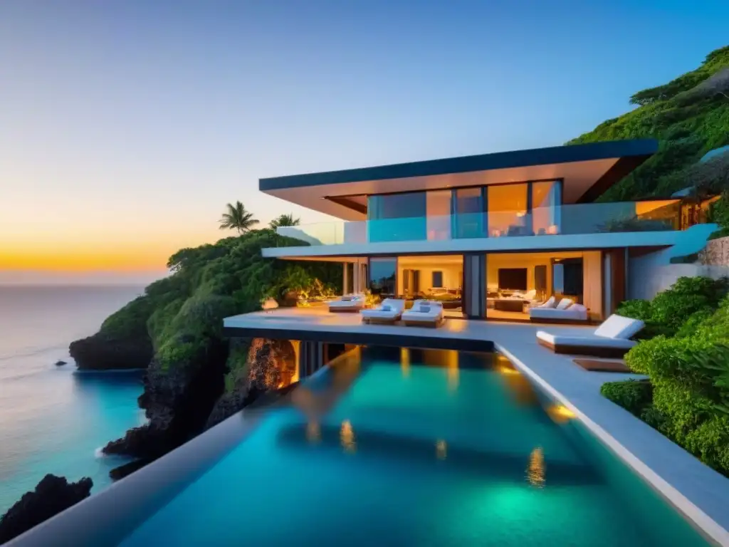 Villa de lujo en acantilado con vistas al mar turquesa Villa de lujo en acantilado con piscina infinita y vistas al mar turquesa al atardecer