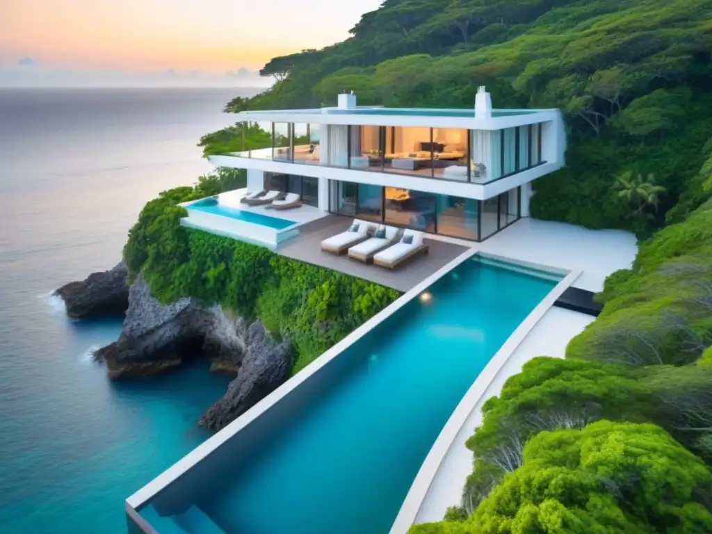 Villa de lujo en acantilado con piscina infinita Villa de lujo en acantilado con piscina infinita, rodeada de naturaleza y vistas al mar turquesa al atardecer