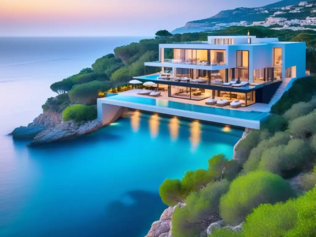 Villa de lujo en acantilado frente al mar Mediterráneo Villa de lujo en acantilado con piscina infinita y jardines tropicales, ideal para promoción villas vacacionales redes sociales