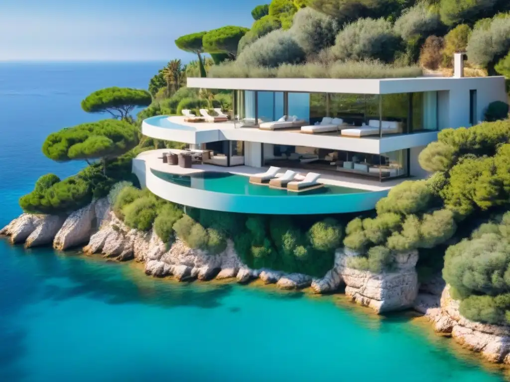 Villa de lujo con vista al mar en la Riviera Francesa Villa de lujo en acantilado con piscina infinita en la Riviera Francesa